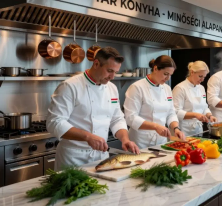 Séfek prémium alapanyagokból készítenek elegáns fogásokat egy modern budapesti étterem konyhájában
