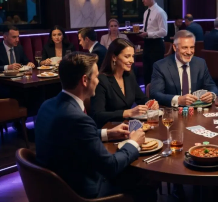 Fényt kapott pókerasztalok zsetonokkal és elegáns vendégekkel egy budapesti étteremben
