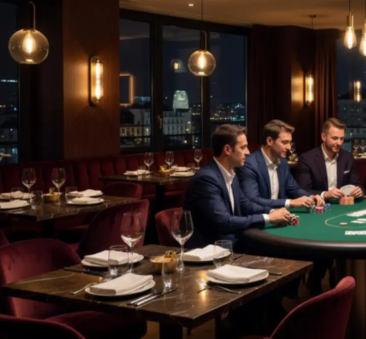 Elegáns éttermi tér, ahol vendégek offline poker esten vesznek részt.
