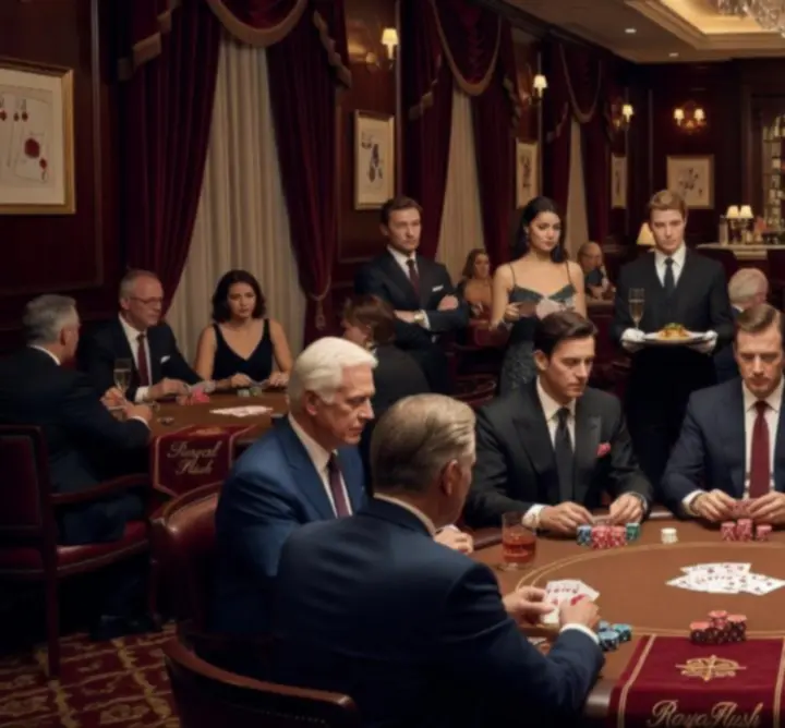 Tematikus poker est elegáns éttermi környezetben, játékosokkal az asztaloknál.