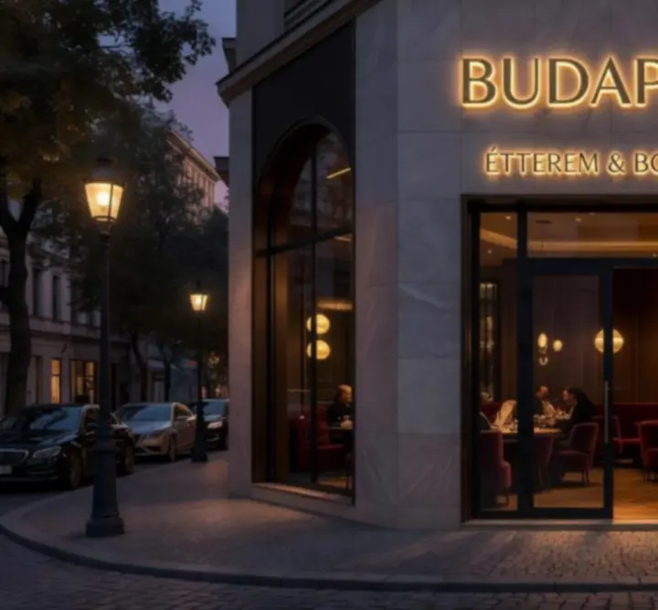 A Spotless Cleans Solutions étterem külső látképe esti megvilágításban Budapesten.