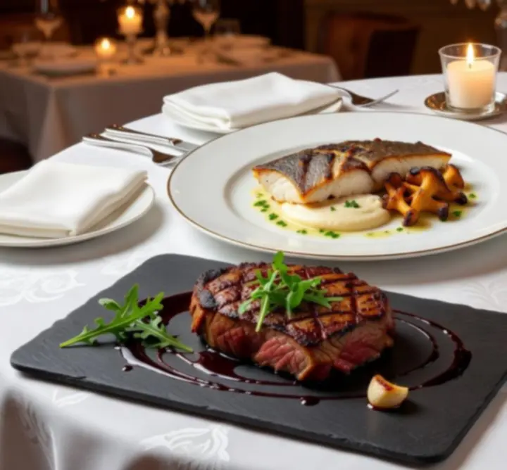 Elegánsan tálalt signature fogások, steak és tengeri sügér modern tálalásban a Spotless Cleans Solutions étteremben.